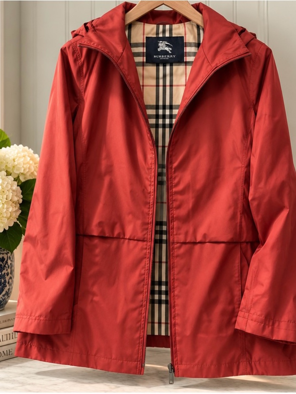 Burberry Red Hooded Zip-Front Trench Coat - Size M